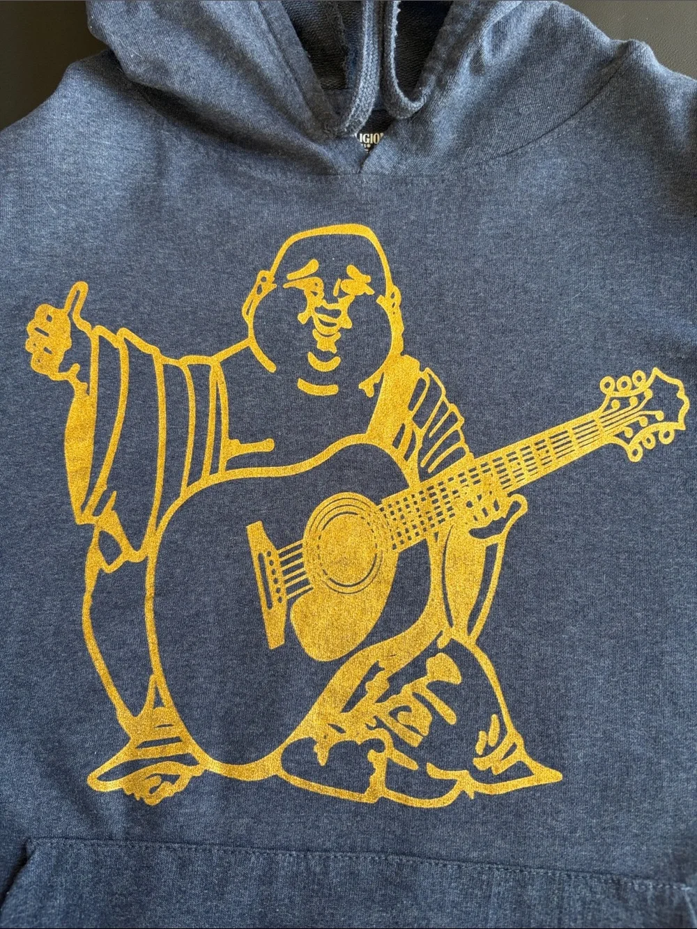 True Religion Buddha Graphic Pullover Hoodie Navy Blue Gold Logo Sleeve Large